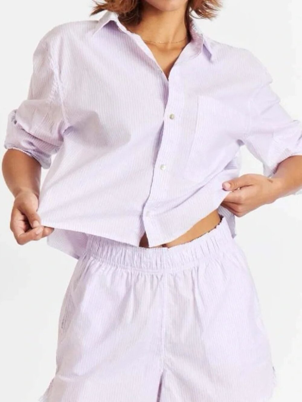 AMO DENIM RUTH LAVENDER STRIPE CROP OVERSIZED COLLARD SHIRT - BLUSHING XS